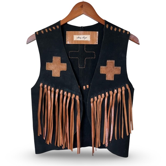 Vintage Jackets & Blazers - Leather Fringe Suede Vest with Cowhide Navajo Cross Appliqués Black & Chestnut